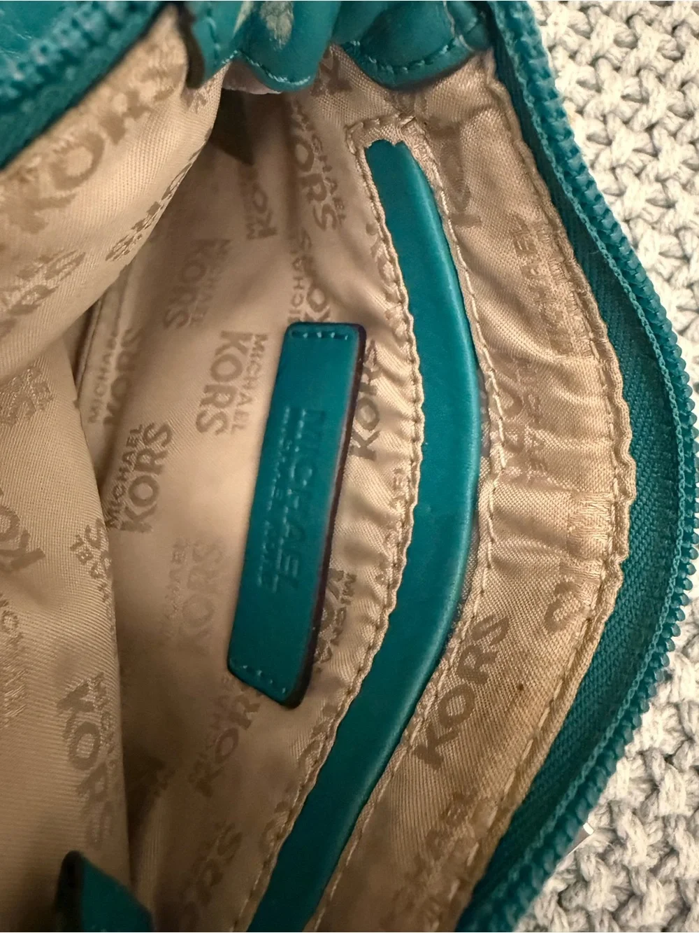 Michael Kors Brown Logo Wristlet with Teal Trim
